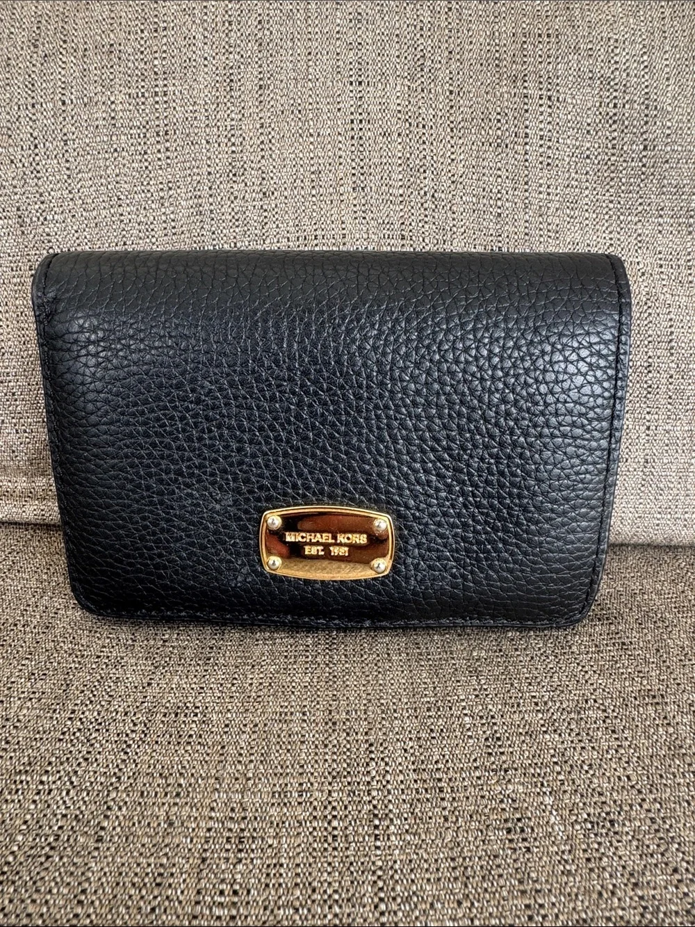 Michael Kors Black Pebbled Leather Clutch Wallet with Gold Plate